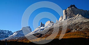 Los Torres mountains in the Torres del Paine National Park in Patagonia, Chile.