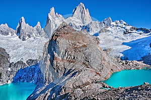 Los Tres and Sucia lakes by Fitz Roy mountain.