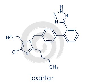 Losartan hypertension drug molecule. Skeletal formula.