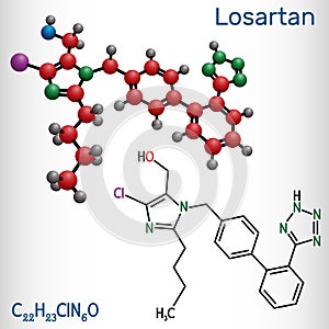 Losartan molecule. It is drug, used to treat hypertension, diabetic kidney disease, heart failure. Structural chemical formula and