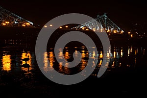 The Loschwitzer bridge over the river Elbe in Dresden at night.