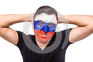 Lose game emotions of Russian football fan in game supporting of Russia national team