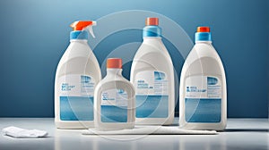?lose-up of bottles of cleaning products and microfiber cloth, cleaning sponge