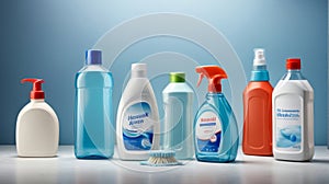 ?lose-up of bottles of cleaning products and microfiber cloth, cleaning sponge photo