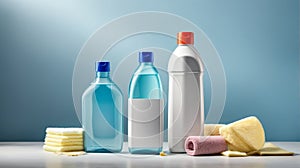 ?lose-up of bottles of cleaning products and microfiber cloth, cleaning sponge photo