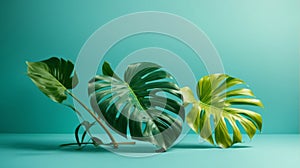 ?lose-up of monstera leaves on a turquoise light blue background with space for tex photo