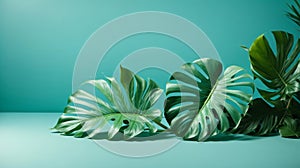 ?lose-up of monstera leaves on a turquoise light blue background with space for texnner. photo