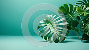 ?lose-up of monstera leaves on a turquoise light blue background with space for text. photo