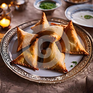 lose up photography captures the beauty of an Iftar meal during Ramadan, with samosas being served on the table in a Middle
