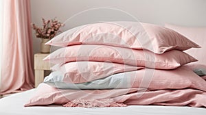 ?lose-up of a pile of bed linen pillows blankets pink pastel colors on white
