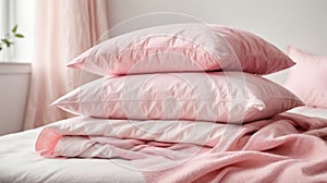 ?lose-up of a pile of bed linen pillows blankets pink pastel colors on white photo