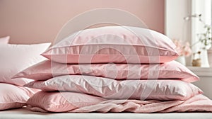 ?lose-up of a pile of bed linen pillows blankets pink pastel colors on white photo