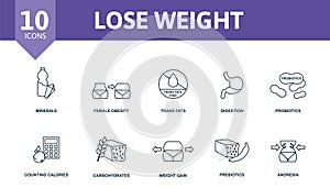 Lose Weight set icon. Editable icons lose weight theme such as minerals, trans fats, probiotics and more.