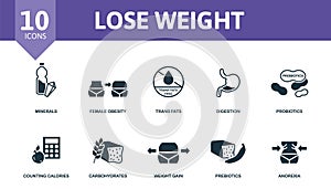 Lose Weight set icon. Editable icons lose weight theme such as minerals, trans fats, probiotics and more.