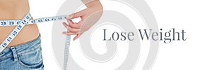 Lose weight text and woman measuring waist