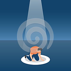 A Loser Slumped Frustrated with Failure under Spotlight Business Concept Illustration photo