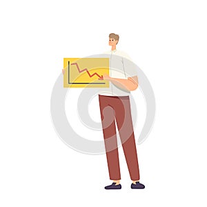 Loser, Stupid Employee Concept. Confused Male Character Holding Banner with Drop Stock Market Arrow Statistics Chart