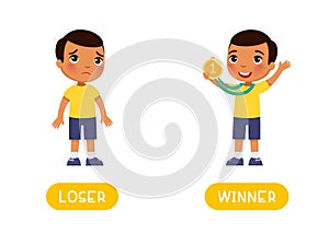 Loser and winner antonyms word card, Opposites concept. Flashcard for English language learning.