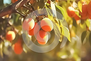 Closeup photo of bunch of ripe apricots hanging on an apricot tree branch in sunlight.