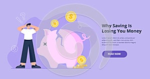 Losing money concept. Financial and economic crisis. A young man loses his savings. Vector flat illustration from