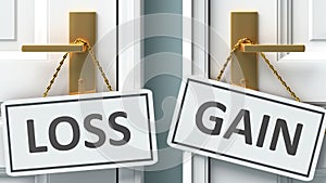 Loss or gain as a choice in life - pictured as words Loss, gain on doors to show that Loss and gain are different options to