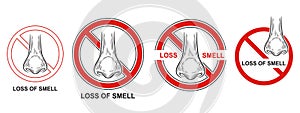 Loss sense of smell icon set. Anosmia, no ability feeling scent, runny nose. Corona virus or flu disease symptom. Vector