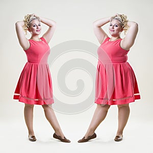 After before loss weight concept, happy plus size fashion model, fat and slim woman