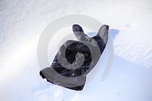 Lost black glove on the snow, close-up