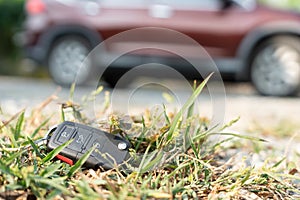 Lost car keys on the ground, Car keys dropped on the floor or fall lying on the street home front. Walking Away From Lost Car Key