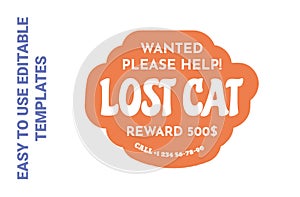 Lost cat sticker, wanted pet isolated on white