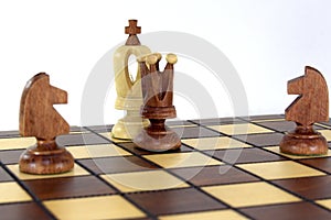 On the chessboard, the queen and two horses announced a check and mat to the white king