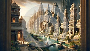 Lost Civilization: AI Generated Image of Ancient Ruin City with Serene Waterways