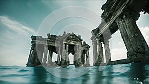 Lost civilization of Atlantis deep in the ocean. Underwater ruins. Magic blue ocean with ancient antique ruins, deep sea