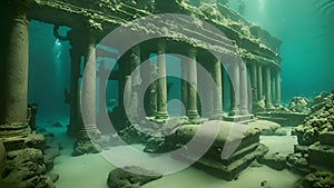 Lost civilization of Atlantis deep in the ocean. Underwater ruins. Magic blue ocean with ancient antique ruins, deep sea