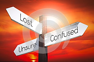 Lost, confused, unsure concept - signpost with three arrows