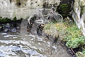 Lost degrading bike on the bottom of Regnitz River, Bamberg, Bavaria, Germany. November 2014