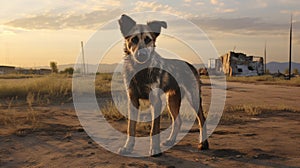 Lost dog in the country. Cute homeless animal. AI Generated