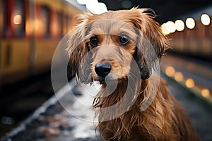 Lost dog on the station platform looks after the outgoing train