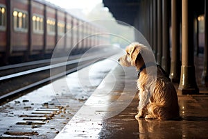 Lost dog on the station platform looks after the outgoing train