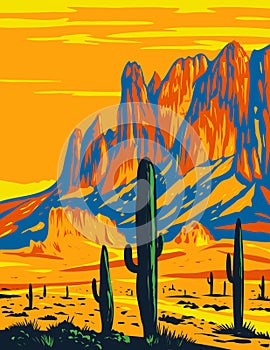 Lost Dutchman State Park Showing Flat Iron in the Superstition Mountains in Arizona USA WPA Poster Art