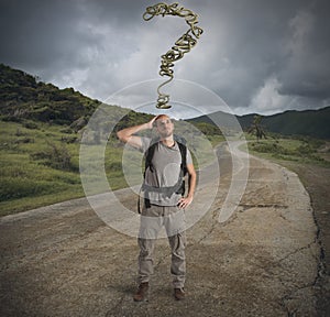 Lost explorer in mountain path