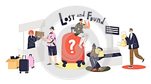 Lost and found service concept with cartoons loosing and finding baggage, wallets, keys