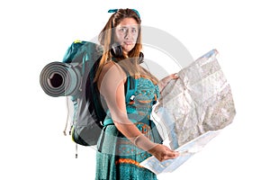 Lost girl with backpack and map