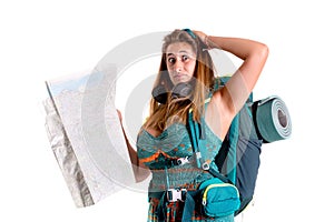 Lost girl with backpack and map