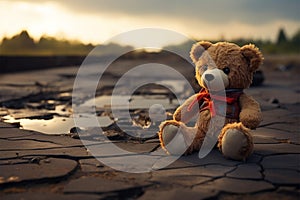 Lost innocence Lonely broken bear toy on a sad background