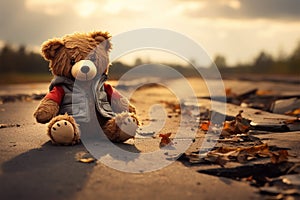 Lost innocence Lonely broken bear toy on a sad background