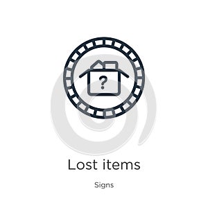 Lost items icon. Thin linear lost items outline icon isolated on white background from signs collection. Line vector sign, symbol