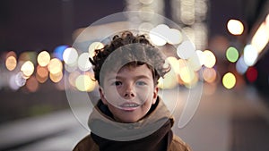 lost little child is walking on street in night, curly boy is going alone in city district