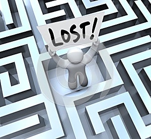 Lost Man Holding Sign in Labyrinth Maze