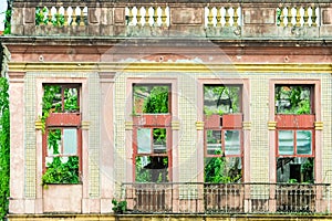 Lost places. Details of empty building. Ruin of Caoutchouc Exchange Building in Manaus, Brazil.